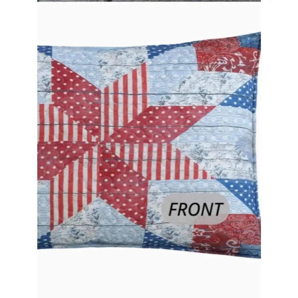 Americana Liberty Star Vintage Look King Quilt Set Patriotic Red White Blue
